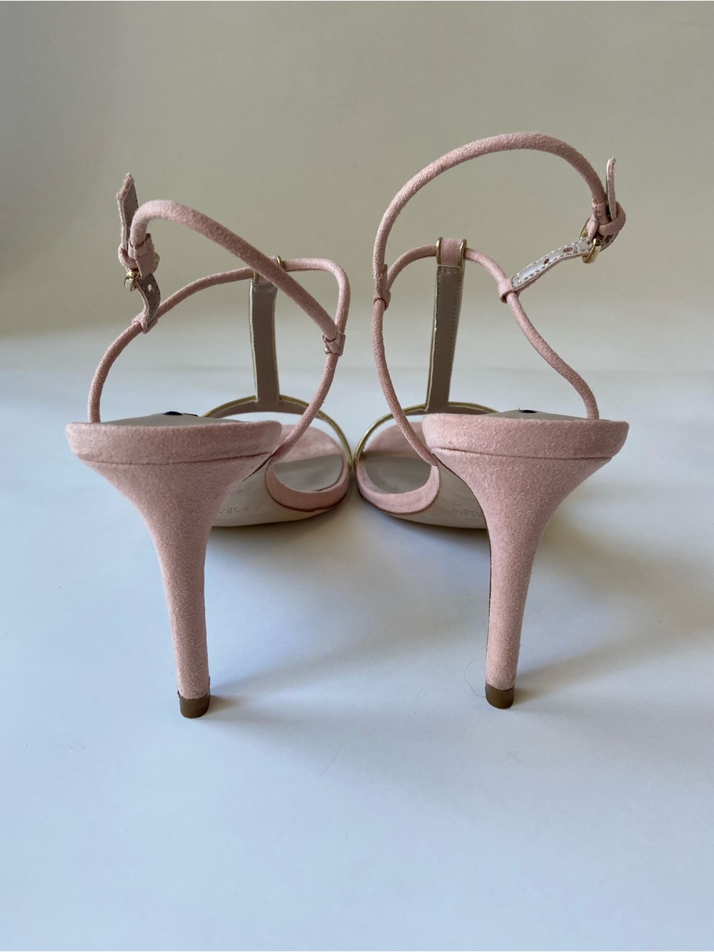 Zara Pink Blush Suede T-Strap Sandals with Gold Trim - Picture 4 of 8